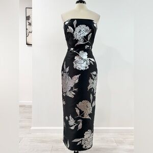 REEM ACRA Black and Silver Strapless Metallic Jacquard Midi Dress